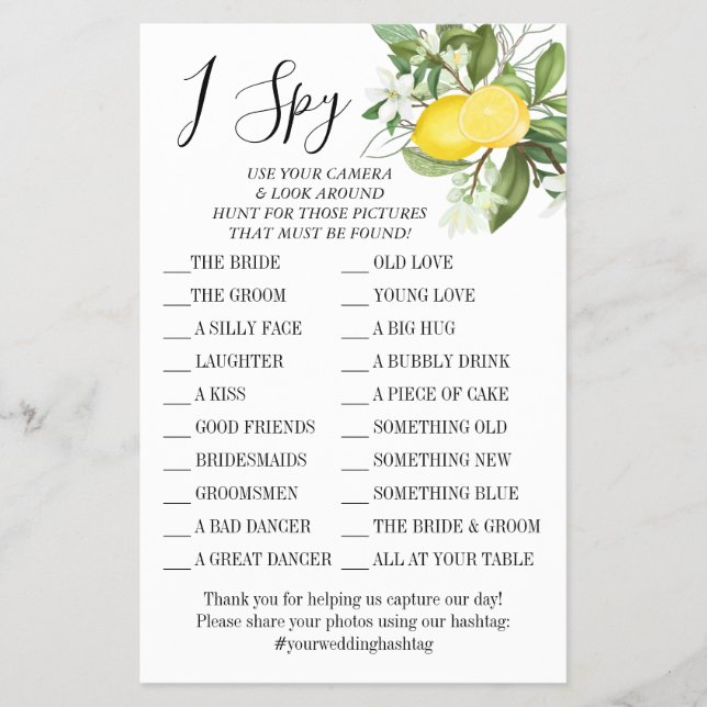 Lemony I spy wedding reception game card (Front)