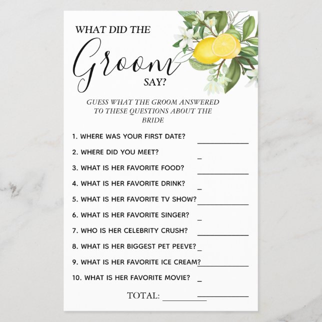 Lemony What groom say Bridal shower game card (Front)
