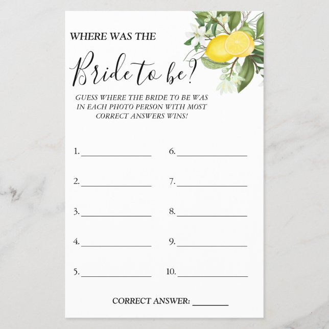 Lemony Where was She Bridal shower game card (Front)