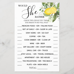 Lemony Would She Rather shower game card