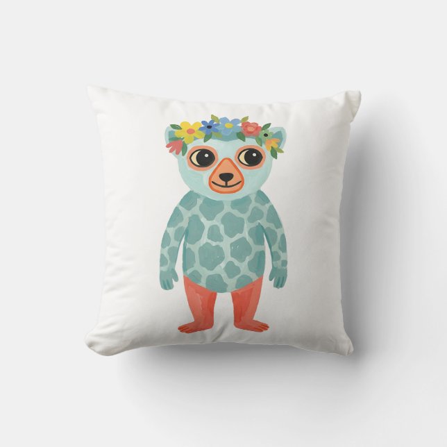 Lemur with Flower Crown Giraffe Spot Throw Pillow (Front)