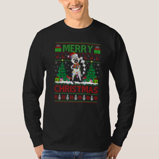 Lemur  Xmas Tree Lights Ugly Santa Lemur Christmas T-Shirt (Front)
