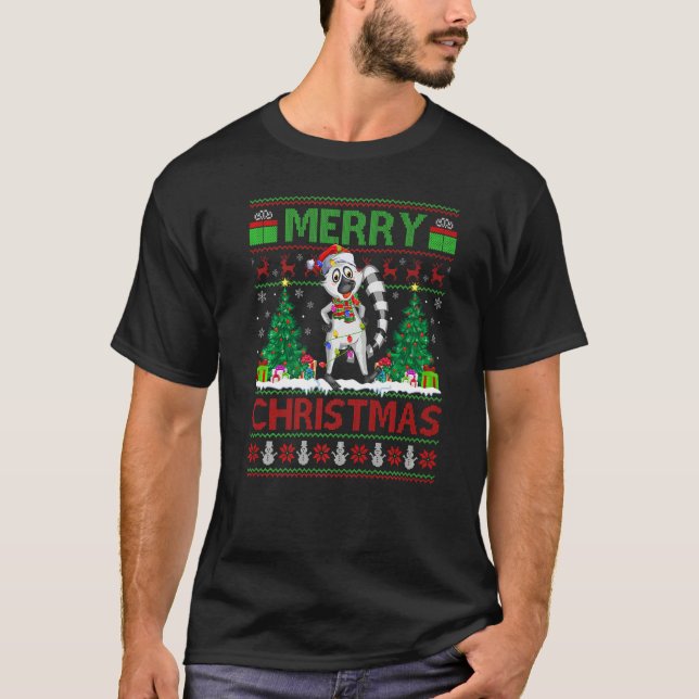 Lemur  Xmas Tree Lights Ugly Santa Lemur Christmas T-Shirt (Front)