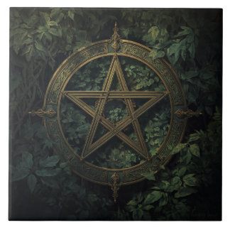Lemurian Inspired Green Witch Pentacle With Plants Tile