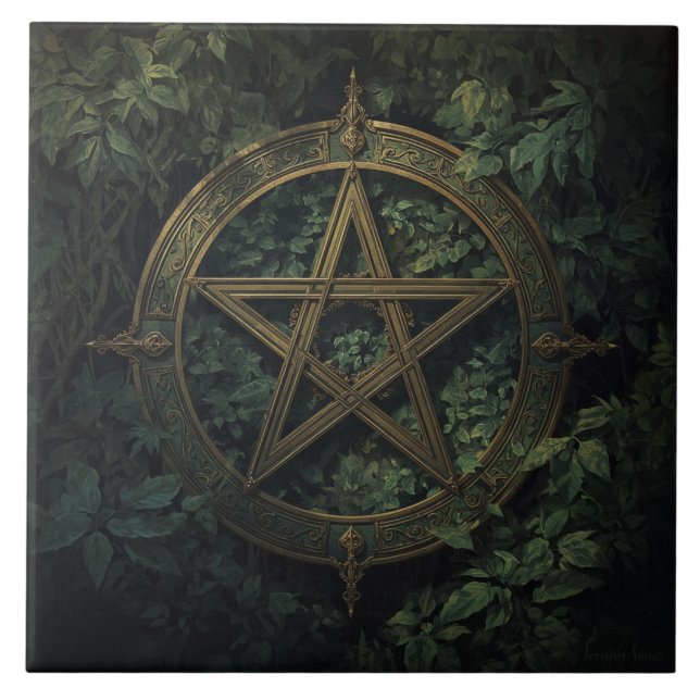 Lemurian Inspired Green Witch Pentacle With Plants Tile (Front)