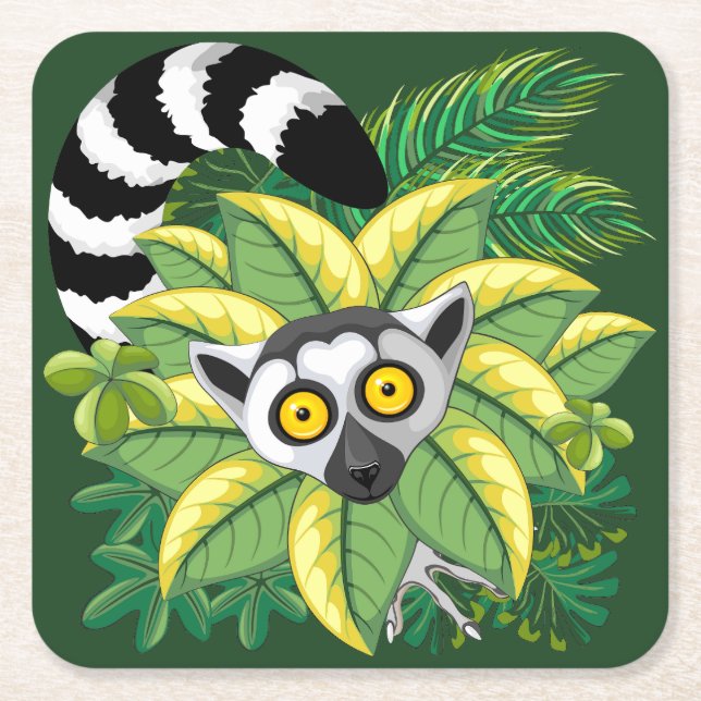 Lemurs of Madagascar in Exotic Jungle Square Paper Coaster (Front)