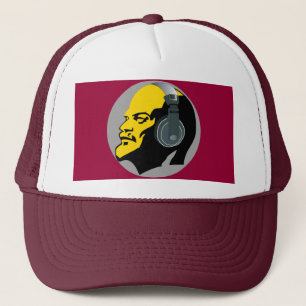 LENIN WITH MUSIC HEAPHONES IN RED BACKGROUND TRUCKER HAT