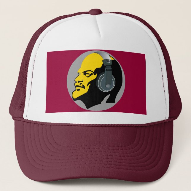 LENIN WITH MUSIC HEAPHONES IN RED BACKGROUND TRUCKER HAT (Front)