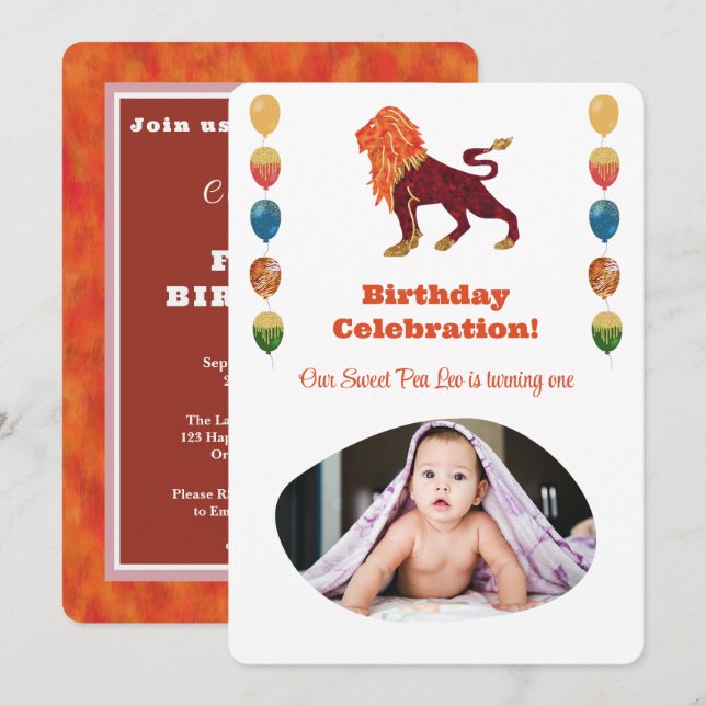 Leo 1st Birthday Photo Impressionist Gold Invitation (Front/Back)