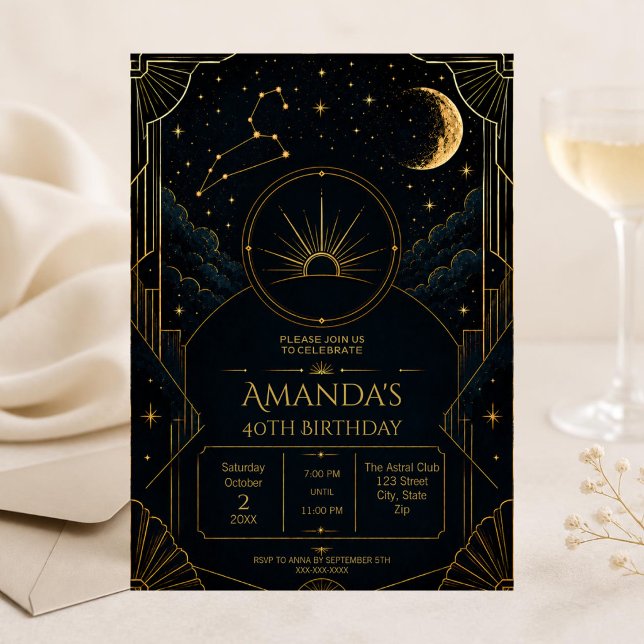 Leo 40th Birthday Invitation | Art Deco Zodiac (Dark Art Deco Leo zodiac 40th birthday invitation with celestial details and elegant moody styling)