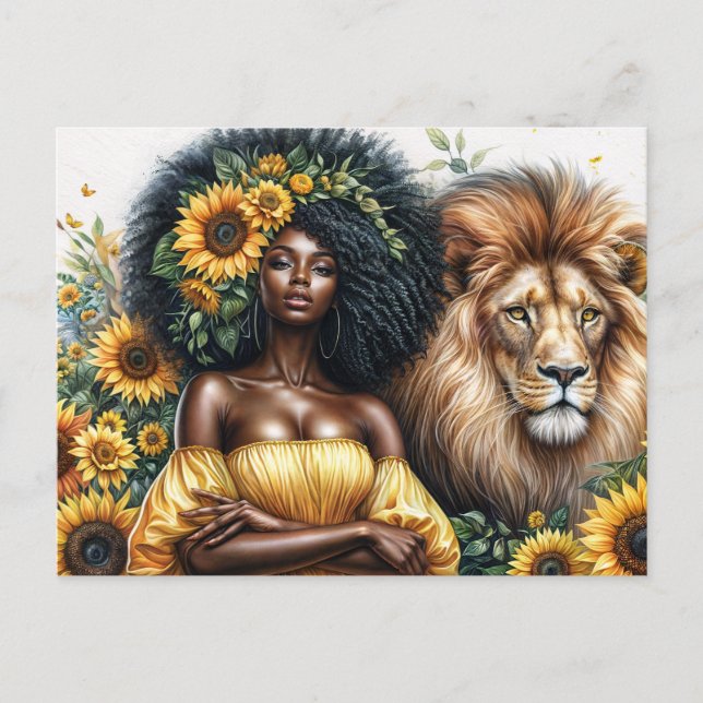 Leo Black Woman With Lion Sunflower Theme Postcard (Front)