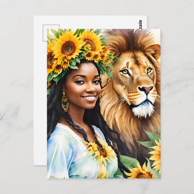 Leo Black Woman With Sunflowers and Lion Postcard (Front/Back)