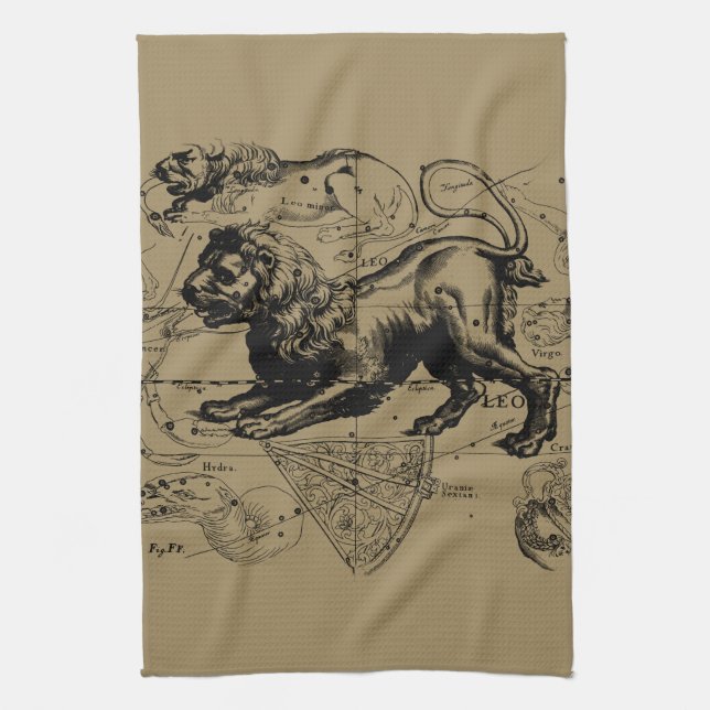 Leo Constellation Map Hevelius circa 1690 Tea Towel (Vertical)