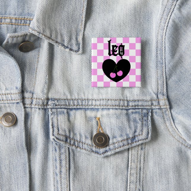 Leo Gothic Aesthetic Checkered Cherries Design 15 Cm Square Badge (In Situ)
