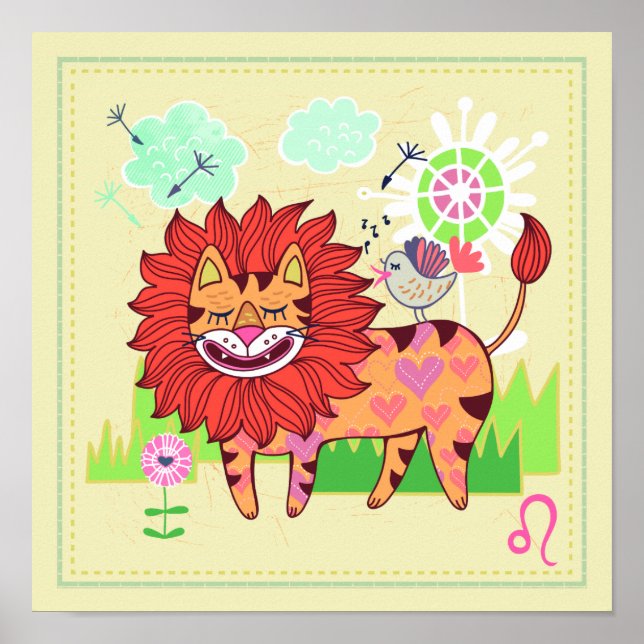Leo Lion Cat Zodiac Nursery Print (Front)