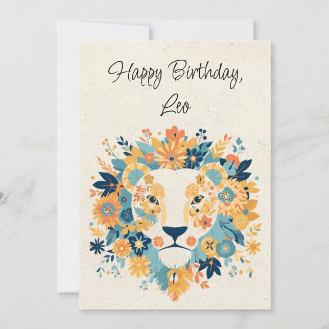 Leo Lion Zodiac Floral Birthday Flat Card (Front)