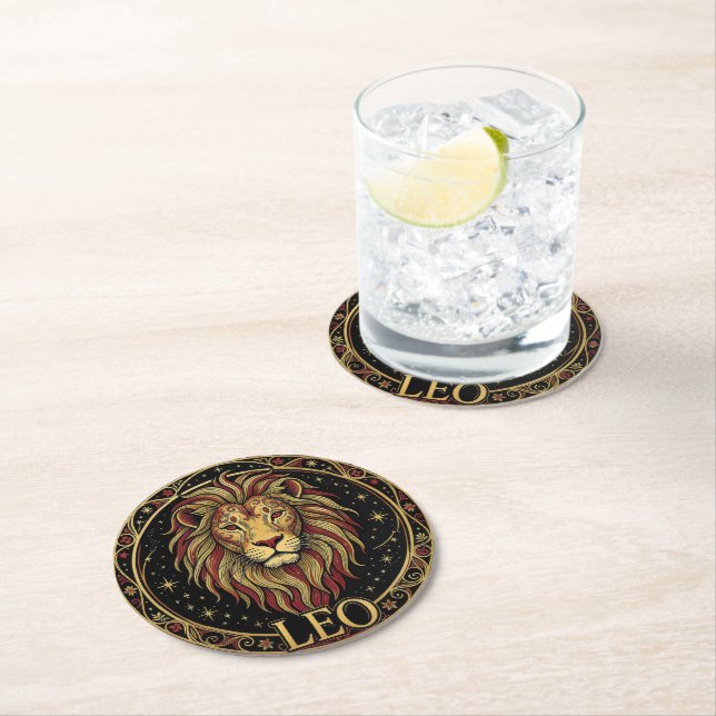 Leo Lion Zodiac Symbol Round Paper Coaster (Insitu)