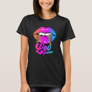 Leo Queen Lips Gold Chain Zodiac Birthday Womens T-Shirt