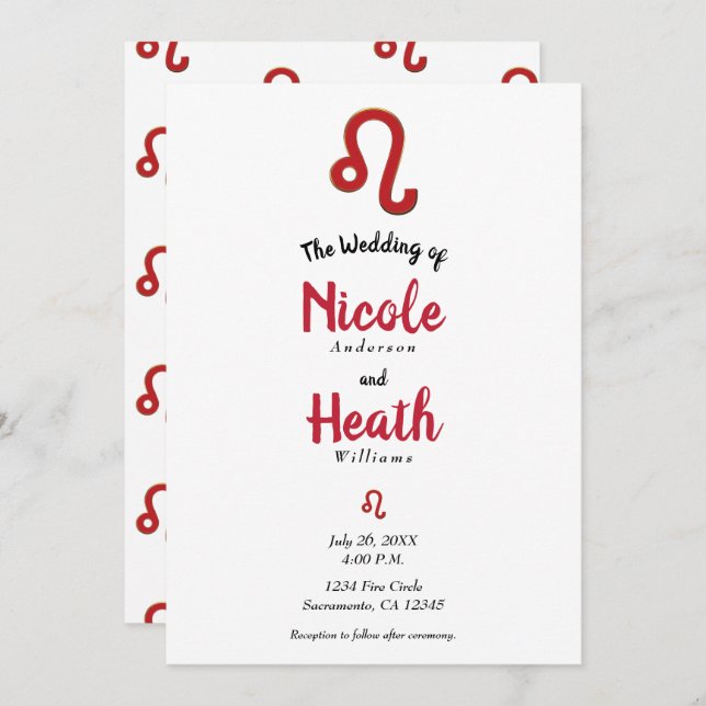 LEO Red Zodiac Astrology July August Wedding   Invitation (Front/Back)