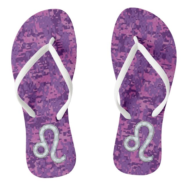 Leo Sign on Girly Pink Fuchsia Digital Camo Jandals (Footbed)