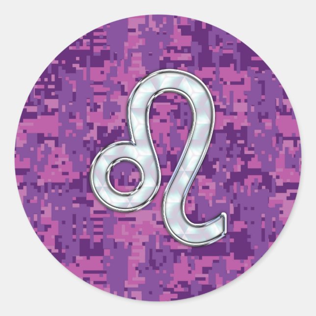 Leo Sign on Pink Fuchsia Digital Camouflage Classic Round Sticker (Front)