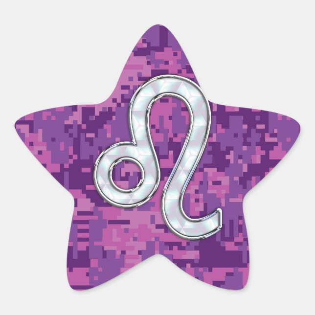 Leo Sign on Pink Fuchsia Digital Camouflage Star Sticker (Front)
