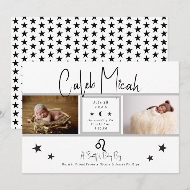 Leo Stars Photo Baby Birth Announcement (Front/Back)