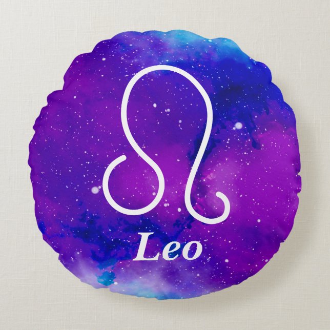 Leo Symbol Purple Blue Space Nebula Round Cushion (Front)