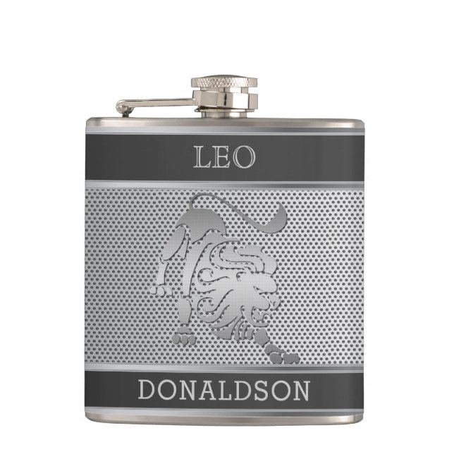 Leo the Lion in Black and Silver Mesh Hip Flask (Front)