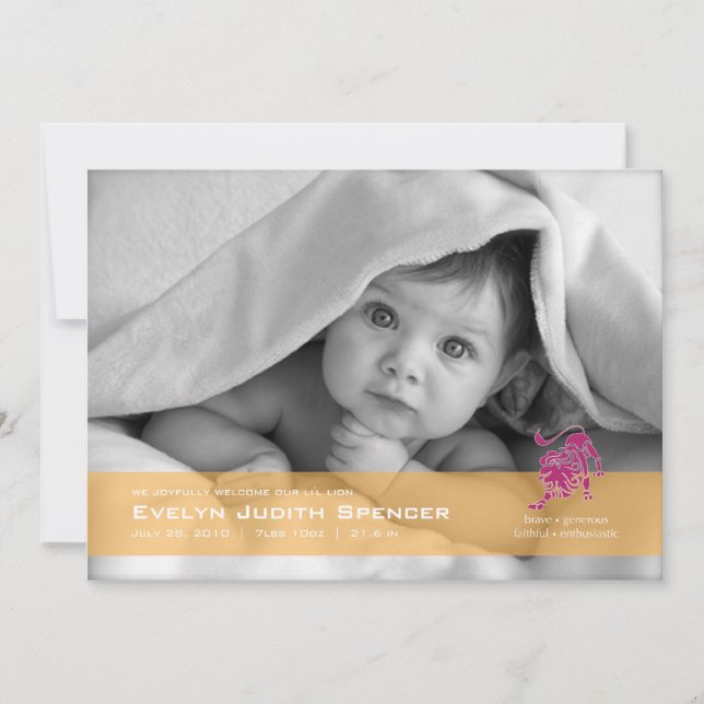 Leo the Lion Photo Birth Announcement Card (Front)