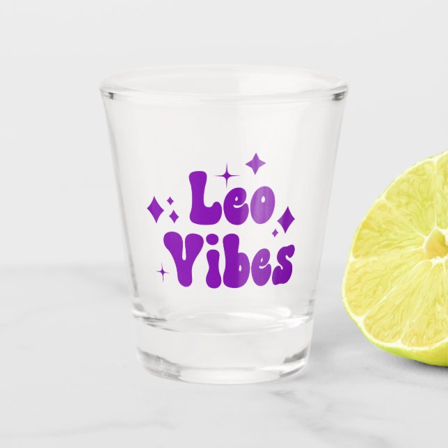 Leo Vibes Zodiac Astrology Purple Stars Shot Glass (Front)