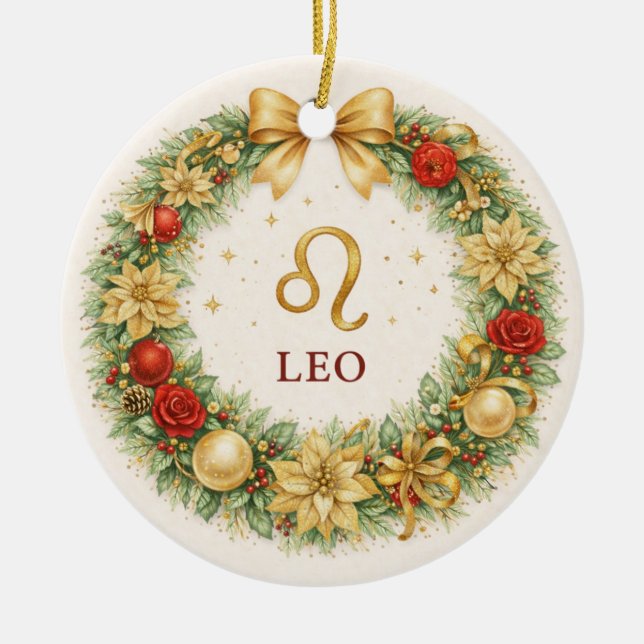 Leo Zodiac Christmas Ornament – Golden Winter Wrea (Front)