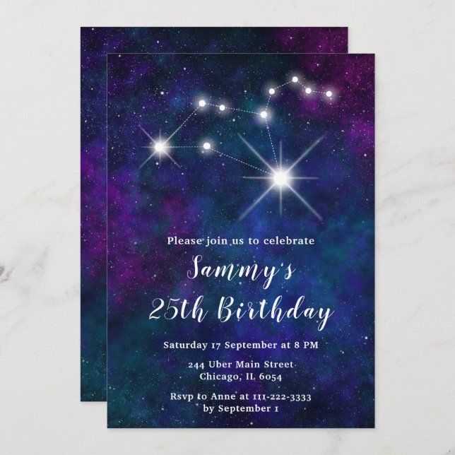 Leo Zodiac Constellation Birthday Party Invitation (Front/Back)