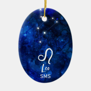 Leo Zodiac Constellation Dark Blue Galaxy Monogram Ceramic Tree Decoration