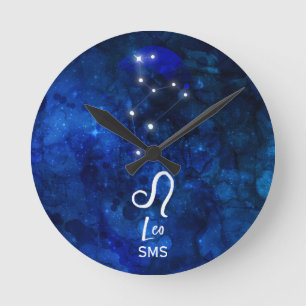Leo Zodiac Constellation Dark Blue Galaxy Monogram Round Clock