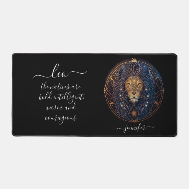 Leo zodiac  gold and black desk mat (Front)