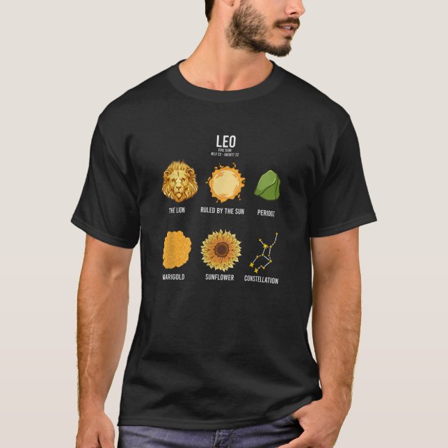 Leo Zodiac Sign Facts Elements Horoscope Astrology T-Shirt (Front)