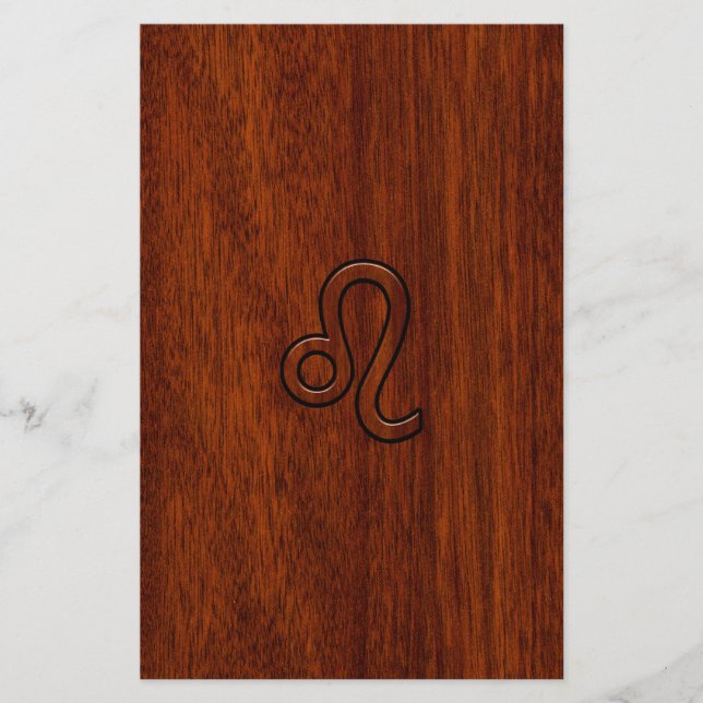Leo Zodiac Sign in Brown Mahogany wood style Stationery (Front)