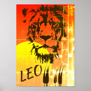 LEO Zodiac Sign ~ Lion Face and Sunset Poster