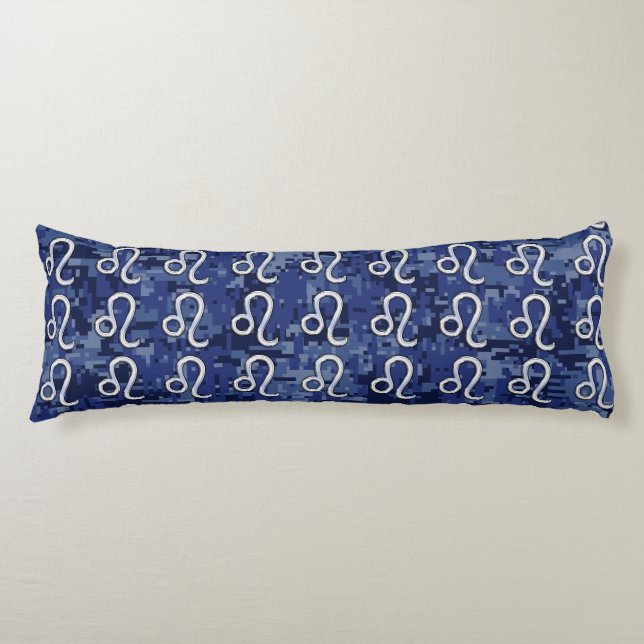 Leo Zodiac Sign on Blue Digital Camouflage Body Cushion (Front)