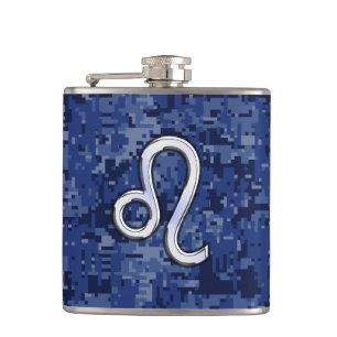 Leo Zodiac Sign on Blue Digital Camouflage Hip Flask