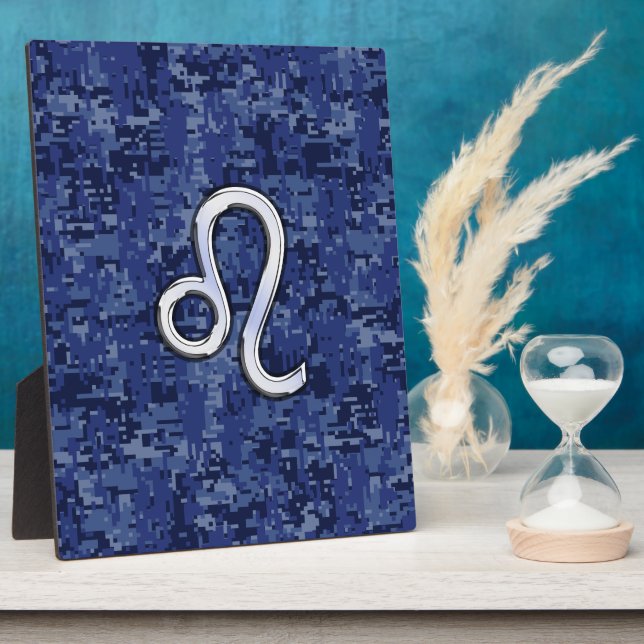 Leo Zodiac Sign on Blue Digital Camouflage Plaque (Side)