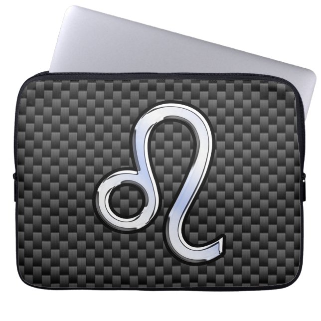 Leo Zodiac Sign on Charcoal Carbon Fibre Print Laptop Sleeve (Front)