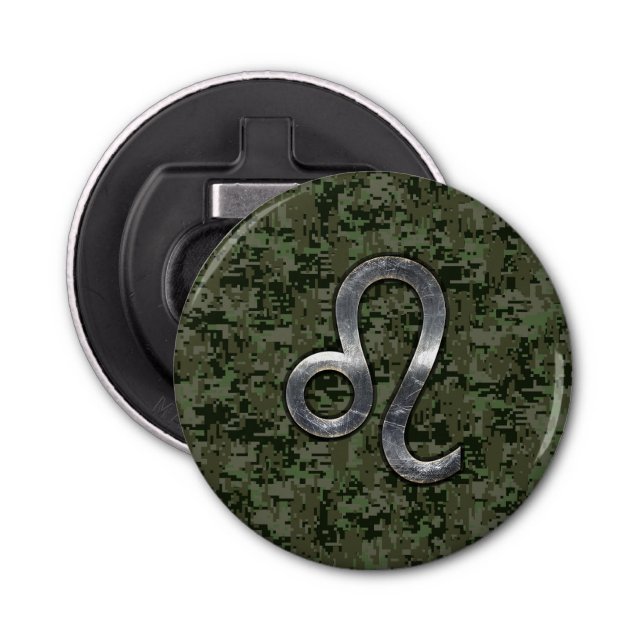 Leo Zodiac Sign on Green Digital Camo Bottle Opener (Front)