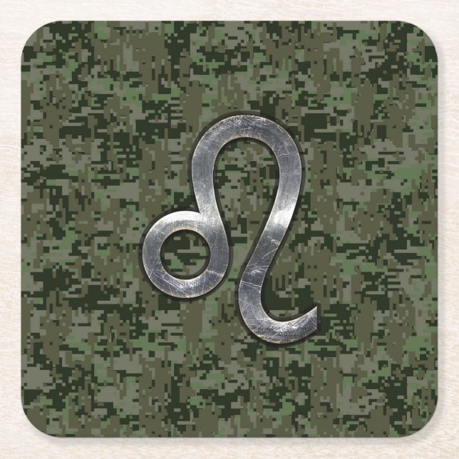 Leo Zodiac Sign on Green Digital Camo Square Paper Coaster (Front)