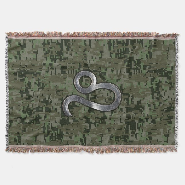 Leo Zodiac Sign on Green Digital Camo Throw Blanket (Front)