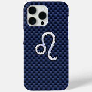 Leo Zodiac Sign on Navy Blue Carbon Fibre Print iPhone 15 Pro Max Case
