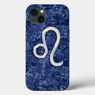 Leo Zodiac Sign on Navy Blue Digital Camouflage iPhone 13 Case