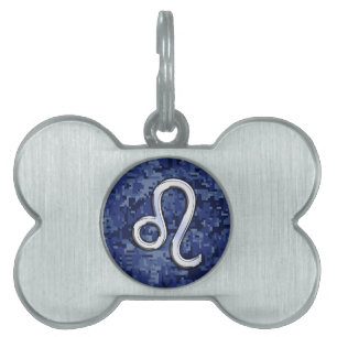 Leo Zodiac Sign on Navy Blue Digital Camouflage Pet Name Tag