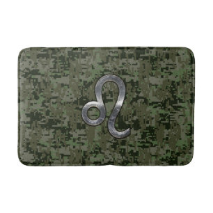 Leo Zodiac Sign on Olive Green Digital Camo Bath Mat